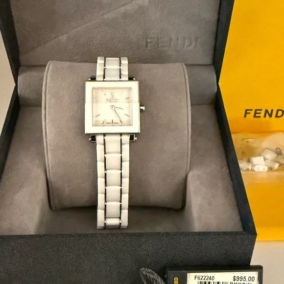 Fendi Square Ceramic White Watch, Stainless Steel Authentic Preloved